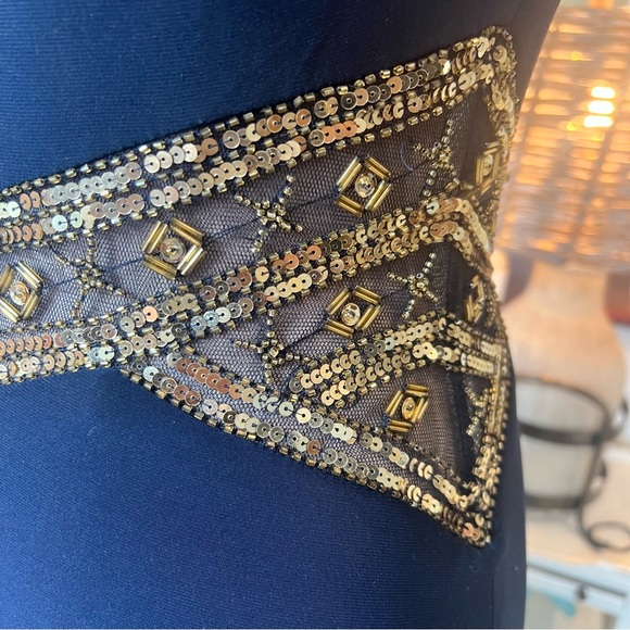 Betsy Adams Navy Gold Grecian Gown - Picture 3 of 16